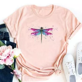 (Азиатский размер)Футболка Стрекоза Акварельный тренд 90-х годов с коротким рукавом Женская модная футболка с принтом Одежда Повседневная женская футболка с рисунком S
