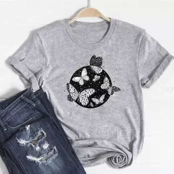 (Азиатский размер)Футболка Sweet Trend, модная футболка, одежда, милая повседневная женская футболка с коротким рукавом и бабочкой в стиле 90-х годов, женская футболка с рисунком S