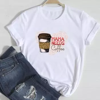 (Азиатский размер) Футболка Топ Кофейный тренд Love Mom Mama Модная повседневная одежда Футболка с коротким рукавом Женская футболка с принтом Женская женская футболка с круглым вырезом и графикой S