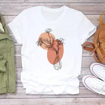 (Азиатский размер) Футболка Топ, модная акварельная цветочная сладкая 90-х годов, повседневная одежда, футболка с коротким рукавом, женская футболка с круглым вырезом и графическим принтом S