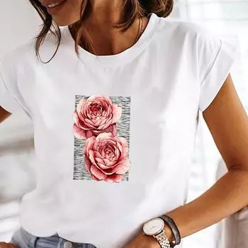 (Азиатский размер) Футболка Топ, модная футболка с цветочным принтом в полоску, милая повседневная одежда, футболка с коротким рукавом, женская футболка с круглым вырезом и графическим принтом S