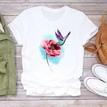(Азиатский размер) Футболка Верхняя одежда Цветочный тренд Милый стиль Тенденция 90-х годов Повседневная модная футболка с коротким рукавом Женская женская футболка с принтом S