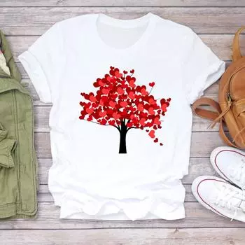 (Азиатский размер) Футболка Верхняя одежда Love Heart Valentine Trend Повседневная модная футболка с коротким рукавом Женская женская футболка с принтом и графическим рисунком S