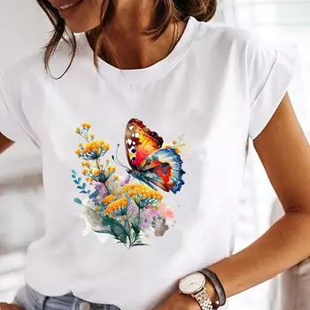 (Азиатский размер) Футболка Верхняя Одежда Повседневная Бабочка Цветок Акварель 90-х годов Модная футболка с коротким рукавом Женская женская футболка с принтом S