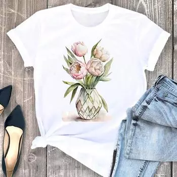 (Азиатский размер) Футболка в акварельном стиле, милая женская футболка с цветочным принтом 90-х годов, женская одежда с коротким рукавом, модные футболки с графическим принтом, женская футболка S