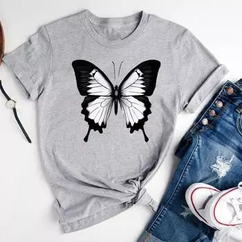 (Азиатский размер)Футболка в стиле бабочки, тренд, милый стиль, милый топ, модная футболка, женская футболка с принтом, женская графическая одежда, повседневная футболка с коротким рукавом S