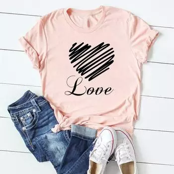 (Азиатский размер)Футболка в стиле «любовь» в полоску, акварель, одежда 90-х годов, повседневная женская футболка с коротким рукавом с принтом, женская модная футболка, женская футболка с графическим рисунком S