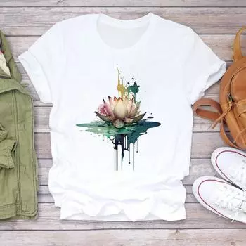(Азиатский размер) Футболка, верхняя одежда, акварельный цветок, сладкий, 90-е годы, повседневная модная футболка с коротким рукавом, женская футболка с принтом, женская футболка с графикой S