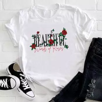 (Азиатский размер) Футболка, верхняя одежда, буквенный цветочный стиль, милая повседневная модная футболка с короткими рукавами в стиле 90-х, женская футболка с принтом, женская женская футболка с графикой S