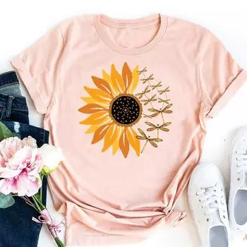 (Азиатский размер)Футболка, верхняя одежда, цветок, стрекоза, сладкий стиль 90-х, повседневная женская футболка с коротким рукавом и принтом, женская модная футболка, женская футболка с графическим рисунком S