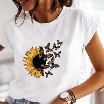 (Азиатский размер) Футболка, верхняя одежда, леопардовый цветочный тренд, Повседневная модная футболка с бабочкой и коротким рукавом, женская футболка с принтом, женская футболка с графикой S