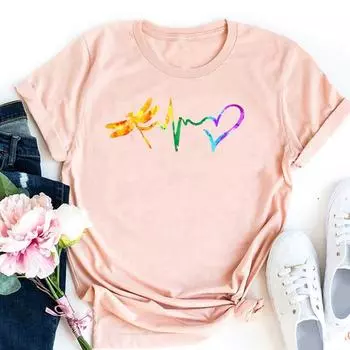 (Азиатский размер)Футболка, верхняя одежда, Love Heartbeat Sweet 90s, повседневная женская футболка с коротким рукавом с принтом, женская модная футболка, женская футболка с графическим рисунком S