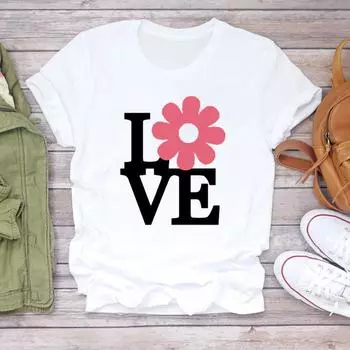 (Азиатский размер) Футболка, верхняя одежда, любовное письмо, цветочный тренд, милая 90-х годов, повседневная модная футболка с коротким рукавом, женская футболка с принтом, женская женская футболка с графикой S