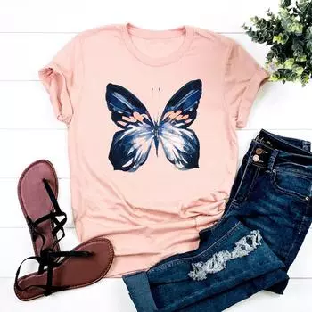 (Азиатский размер)Футболка, верхняя одежда, милая бабочка, тренд 90-х годов, милая повседневная женская футболка с коротким рукавом и принтом, женская модная футболка, женская футболка с графическим рисунком S