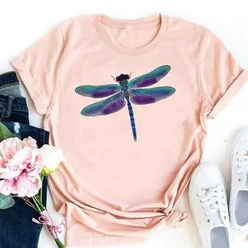 (Азиатский размер)Футболка, верхняя одежда, повседневная женская футболка с коротким рукавом и принтом в стиле стрекозы, милая модная футболка, женская футболка с графическим рисунком S