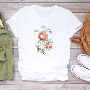 (Азиатский размер) Футболка, верхняя одежда, сладкий цветок, стиль 90-х, тренд, милая женская футболка с коротким рукавом и принтом, женская модная футболка, повседневная футболка с рисунком S