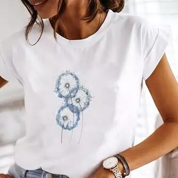 (Азиатский размер) Футболка, верхняя одежда, тенденция одуванчика, милая, милая, повседневная модная футболка с короткими рукавами, женская футболка с принтом, женская женская футболка с графикой S