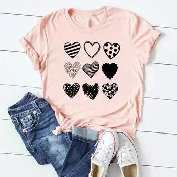 (Азиатский размер)Футболка, верхняя одежда, тренд на День святого Валентина, милая 90-х годов, повседневная женская футболка с коротким рукавом и принтом, женская модная футболка, женская футболка с графическим рисунком S