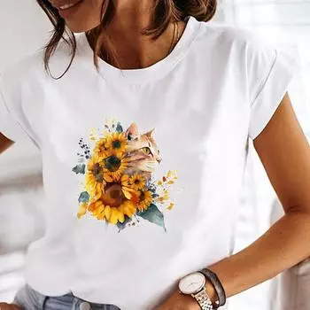 (Азиатский размер) Футболка, верхняя одежда, тренд с изображением кота, цветка, милая 90-х годов, повседневная модная футболка с коротким рукавом, женская футболка с принтом, женская женская футболка с графикой S