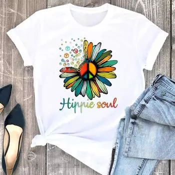 (Азиатский размер) Футболка женская футболка прекрасный цветочный стиль тренд 90-х годов женская одежда с коротким рукавом принт модные футболки с графикой S