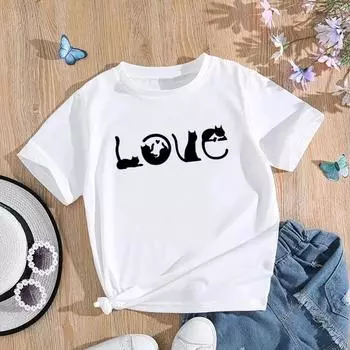 (Азиатский размер) Футболка женская футболка с принтом модная женская футболка с надписью Love Cat Trend милая одежда футболки с короткими рукавами и графикой S