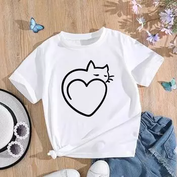 (Азиатский размер) Футболка женская Love Heart Cat Trend милая футболка с принтом 90-х годов модная женская одежда футболки с короткими рукавами и графикой S