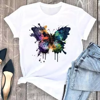 (Азиатский размер) Футболка женская, милая, с бабочкой, в стиле 90-х, трендовая, милая, с коротким рукавом, одежда с принтом, модные футболки с рисунком, женская футболка S