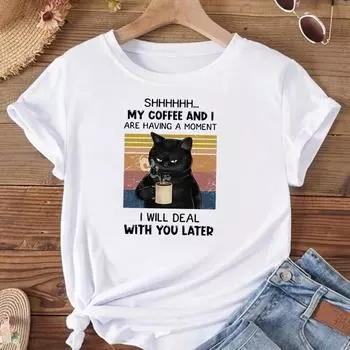 (Азиатский размер)Футболка женская, милая, трендовая, в стиле 90-х, с забавным принтом кота, модная футболка, женская футболка, женская футболка с коротким рукавом и графическим рисунком S