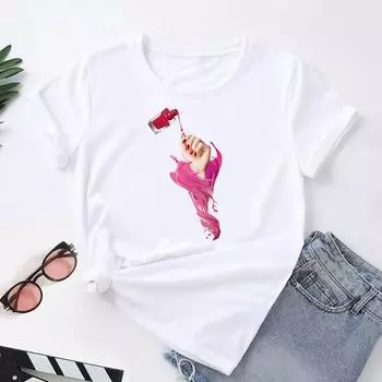 (Азиатский размер) Футболка женская, мультяшный стиль, дизайн ногтей, футболка с милым принтом, модная женская одежда, футболки с короткими рукавами и графикой S