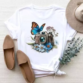 (Азиатский размер) Футболка женская одежда бабочка мультфильм цветок милый принт модная футболка женские женские футболки с коротким рукавом и графикой S