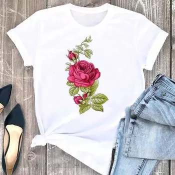 (Азиатский размер) Футболка, женская одежда, милая футболка с цветочным принтом в стиле 90-х годов, модная модная футболка с милым принтом, женские футболки с коротким рукавом и графикой S
