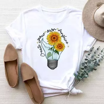 (Азиатский размер) Футболка, женская одежда, модная футболка с принтом, цветочная футболка с буквенным принтом, милые женские футболки с коротким рукавом и рисунком 90-х годов S