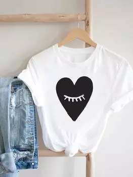 (Азиатский размер) Футболка женская, одежда в стиле Sweet Love Heart, футболка с женским принтом, модные женские футболки с короткими рукавами и графикой S