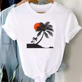 (Азиатский размер) Футболка женская, пляжная, с мультяшным принтом дерева, женская одежда, повседневная модная футболка с короткими рукавами, женская футболка с графическим рисунком S