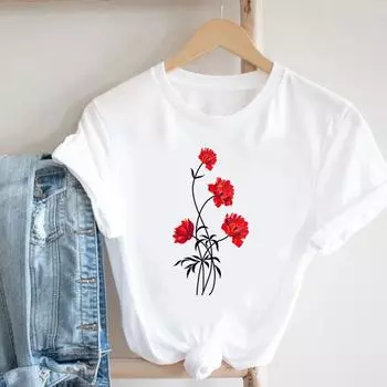 (Азиатский размер) Футболка женская с цветочным принтом, милый стиль, трендовый принт, женская одежда, повседневная модная футболка с коротким рукавом, женская футболка с графическим рисунком S