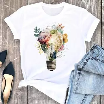 (Азиатский размер) Футболка женская с цветочным принтом, милая женская одежда с коротким рукавом, модные футболки с принтом, женская футболка S