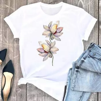 (Азиатский размер) Футболка женская с цветочным принтом, милый стиль, тренд 90-х годов, милая одежда, модная футболка с принтом, женские футболки с коротким рукавом и графикой S