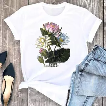 (Азиатский размер) Футболка женская с цветочным принтом, милая футболка в винтажном стиле, женская одежда с коротким рукавом, модные футболки с графическим принтом S