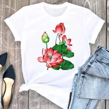 (Азиатский размер) Футболка женская с цветочным принтом, элегантная трендовая милая одежда 90-х годов, модная футболка с принтом, женские футболки с коротким рукавом и графикой S