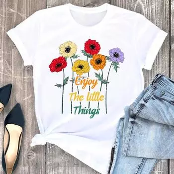 (Азиатский размер) Футболка женская с цветочным трендом, милая женская одежда с коротким рукавом, модные футболки с принтом, женская футболка S