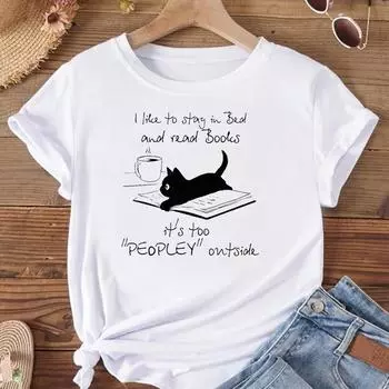 (Азиатский размер)Футболка женская с котом и книгами, милая модная футболка со сладким принтом, женская футболка, женская футболка с коротким рукавом и графическим рисунком S