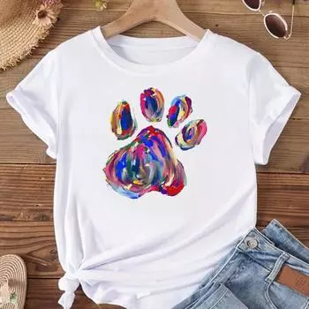 (Азиатский размер)Футболка женская с лапой в акварельном стиле, милая модная футболка с принтом 90-х, женская футболка, женская футболка с коротким рукавом и графическим рисунком S
