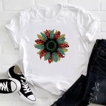 (Азиатский размер) Футболка женская с леопардовым цветком, прекрасный трендовый принт, женская одежда, повседневная модная футболка с короткими рукавами, женская футболка с графическим рисунком S