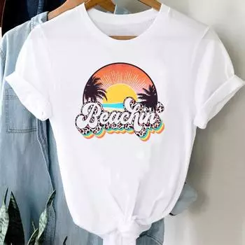 (Азиатский размер) Футболка женская с леопардовым принтом, пляжная, 90-х годов, с трендовым принтом, женская одежда, повседневная модная футболка с короткими рукавами, женская футболка с графическим рисунком S