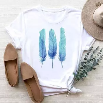 (Азиатский размер) Футболка женская с перьями, милая одежда 90-х годов, модная футболка с принтом, женские футболки с коротким рукавом и графикой S