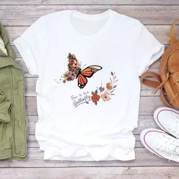 (Азиатский размер) Футболка женская с принтом бабочки и цветочным трендом, женская одежда, повседневная модная футболка с коротким рукавом, женская футболка с графическим рисунком S