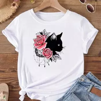 (Азиатский размер)Футболка женская с принтом цветов, милый цветочный стиль, милая модная футболка с котом, женская футболка, одежда с коротким рукавом, женские футболки с рисунком S