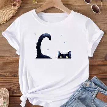 (Азиатский размер)Футболка женская с принтом кота, милая, милая, в стиле 90-х, модная футболка, женская футболка, женская футболка с короткими рукавами и графическим рисунком S