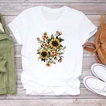 (Азиатский размер) Футболка женская с принтом сладкий цветок цветочный тренд женская одежда повседневная модная футболка с коротким рукавом женская футболка с графическим рисунком S