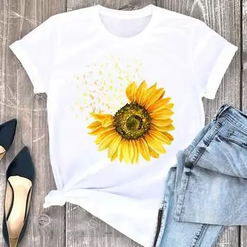 (Азиатский размер) Футболка женская в цветочном стиле, милая женская одежда 90-х с коротким рукавом, модные футболки с графическим принтом, женская футболка S